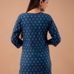 Women Royal Blue Cotton Printed Short Kurti