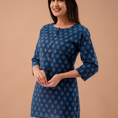 Women Royal Blue Cotton Printed Short Kurti