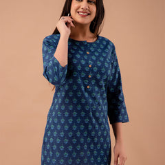 Women Royal Blue Cotton Printed Short Kurti