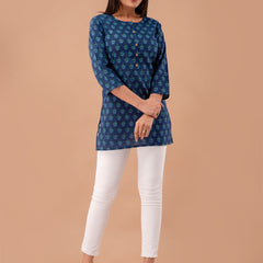 Women Royal Blue Cotton Printed Short Kurti