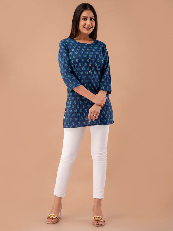 Women Royal Blue Cotton Printed Short Kurti