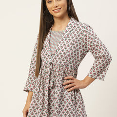 Women White Collared Printed Flared Kurti