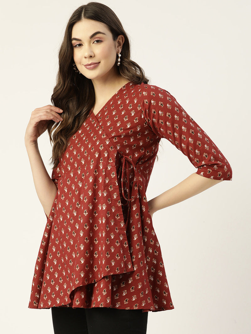 Cotton Printed Red Short Kurti Tunic