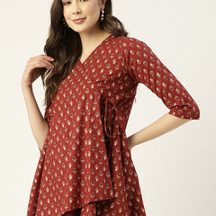 Cotton Printed Red Short Kurti Tunic