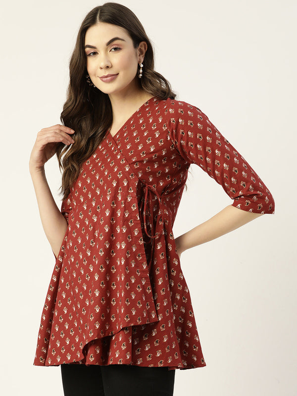 Cotton Printed Red Short Kurti Tunic
