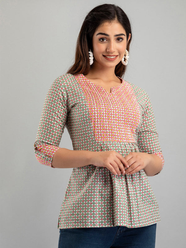 Women Green Cotton Printed A-Line Kurti