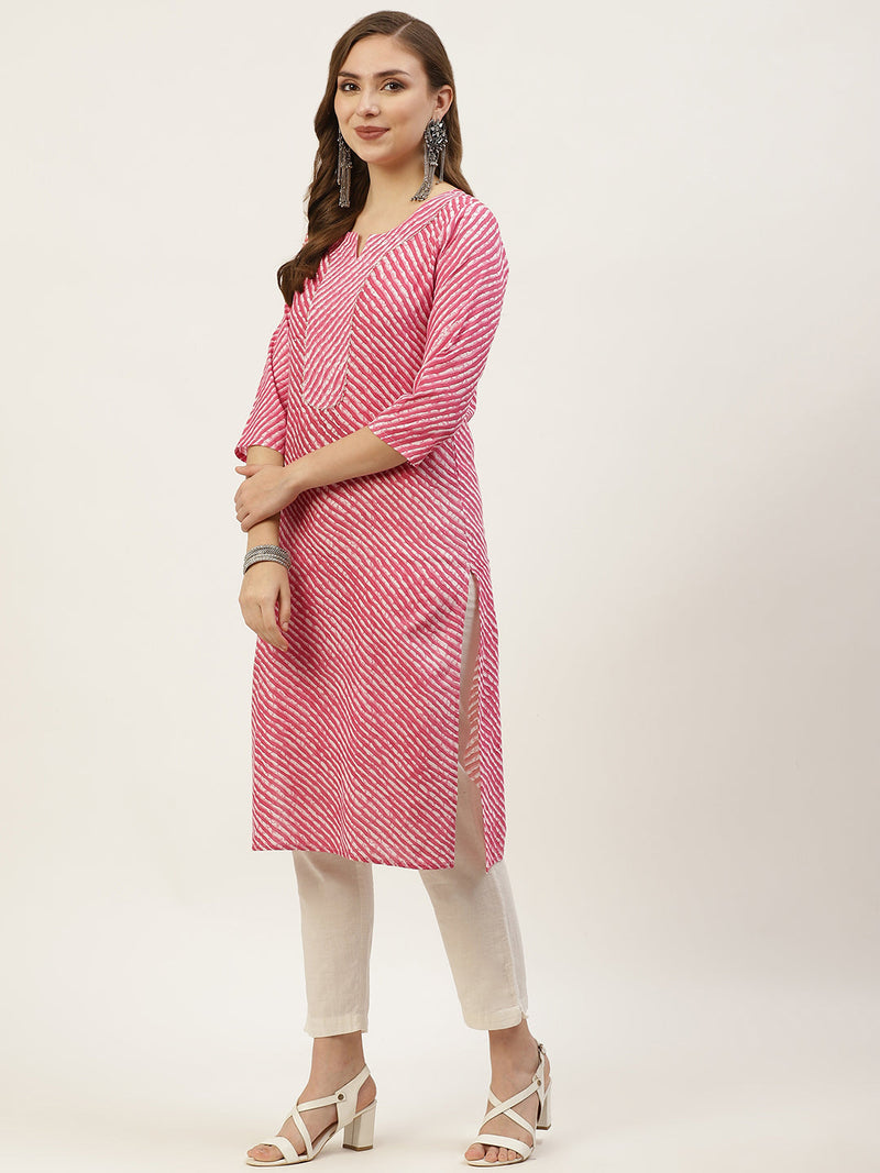 Women Pink Leheriya Yoke Design Cotton Kurti