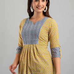 Women Yellow Cotton Printed A-Line Kurti