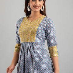 Women Blue Cotton Printed A-Line Kurti