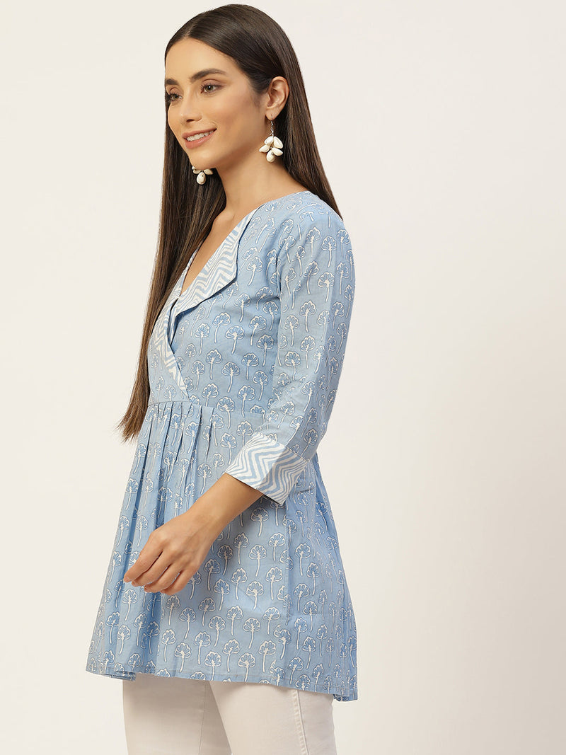 Women Light Blue Collared Printed Flared Kurti