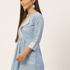 Women Light Blue Collared Printed Flared Kurti