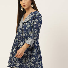 Women Blue & White Collared Printed Flared Kurti