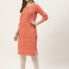 Women Orange Leheriya Yoke Design Cotton Kurti