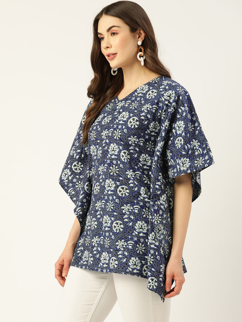Women Blue Cotton Printed Kaftan