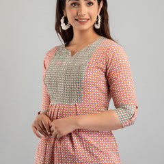 Women Pink Cotton Printed A-Line Kurti
