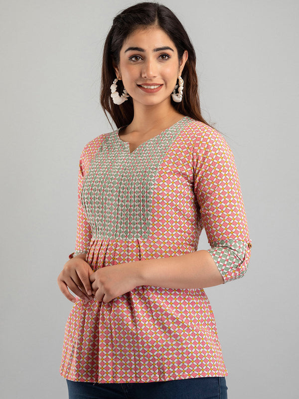 Women Pink Cotton Printed A-Line Kurti