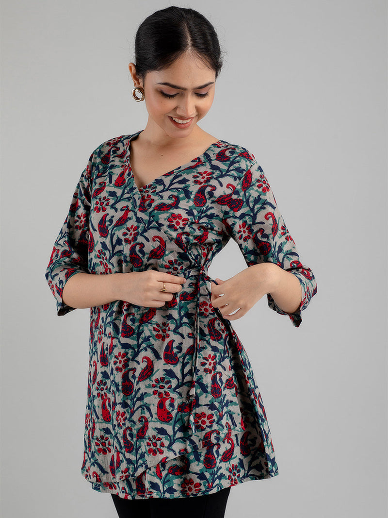 Floral Printed V-Neck Pure Cotton Angrakha A-Line Kurti