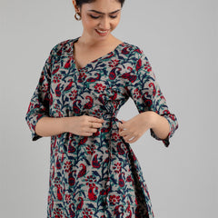 Floral Printed V-Neck Pure Cotton Angrakha A-Line Kurti