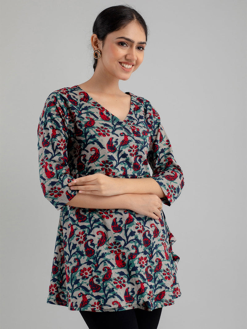 Floral Printed V-Neck Pure Cotton Angrakha A-Line Kurti