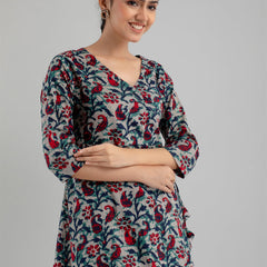 Floral Printed V-Neck Pure Cotton Angrakha A-Line Kurti