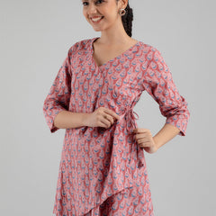 Floral Printed V-Neck Pure Cotton Angrakha A-Line Kurti