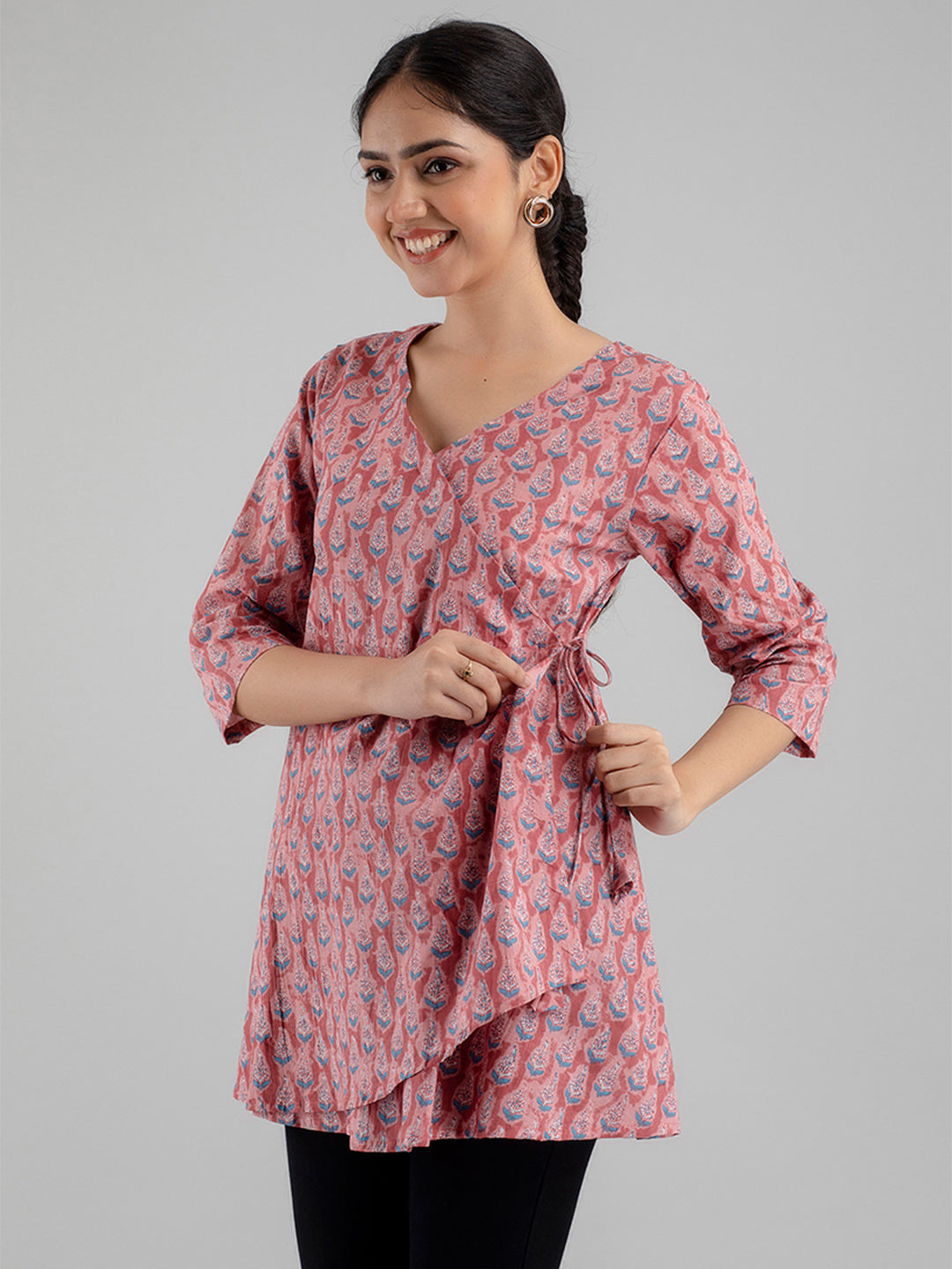 Floral Printed V-Neck Pure Cotton Angrakha A-Line Kurti FRKT6172