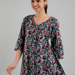 Floral Printed V-Neck Pure Cotton Angrakha A-Line Kurti