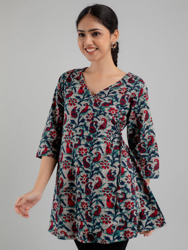 Floral Printed V-Neck Pure Cotton Angrakha A-Line Kurti
