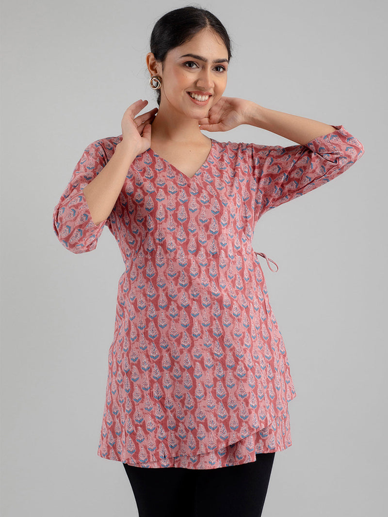 Floral Printed V-Neck Pure Cotton Angrakha A-Line Kurti