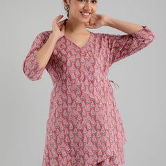 Floral Printed V-Neck Pure Cotton Angrakha A-Line Kurti