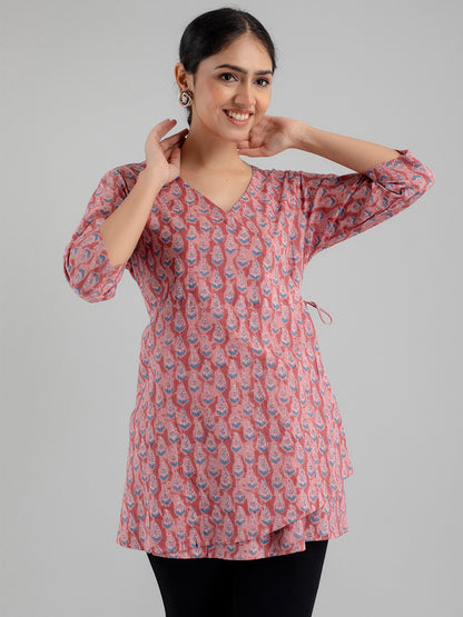 Floral Printed V-Neck Pure Cotton Angrakha A-Line Kurti FRKT6172