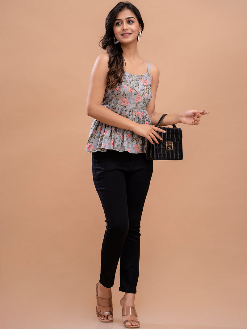 Floral Print Cotton Peplum Top