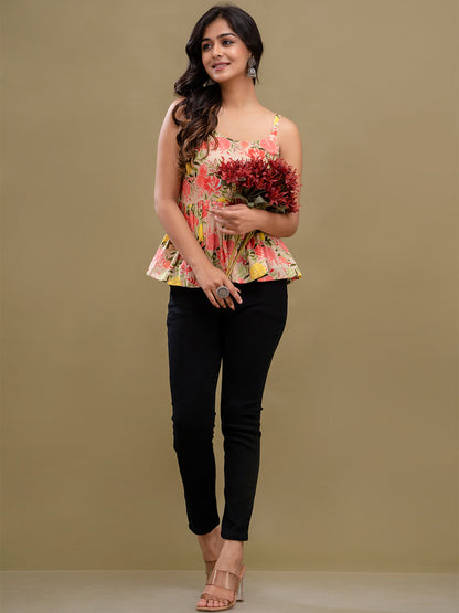 Floral Print Cotton Peplum Top