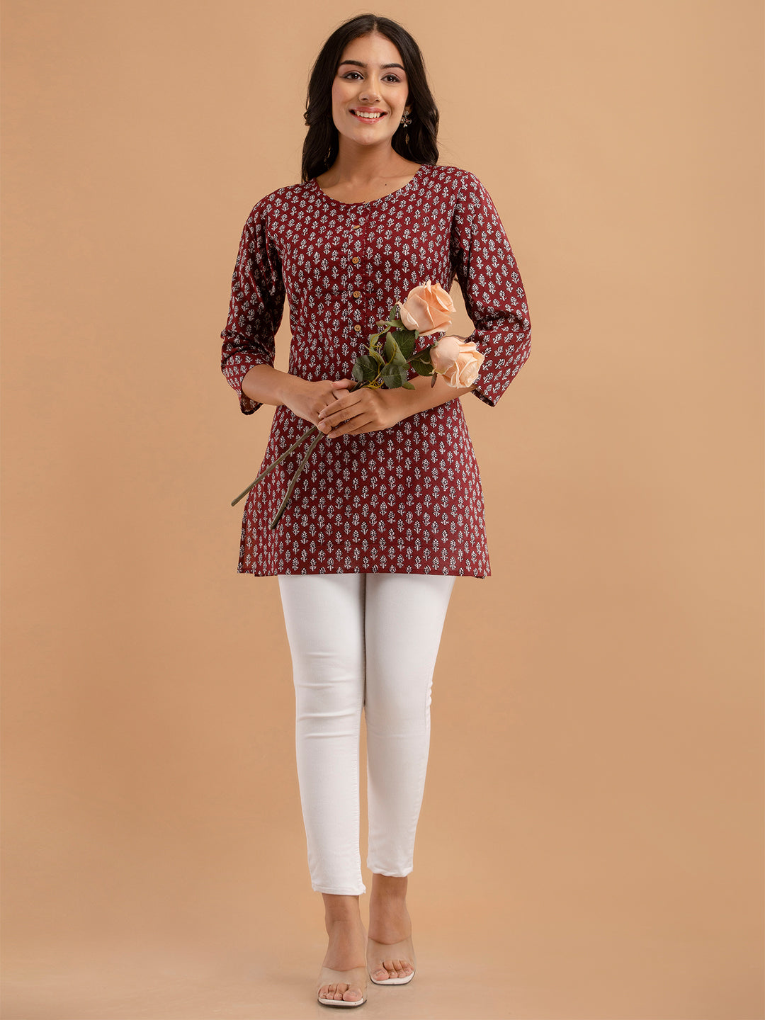 Women Maroon Cotton Printed Short Kurti