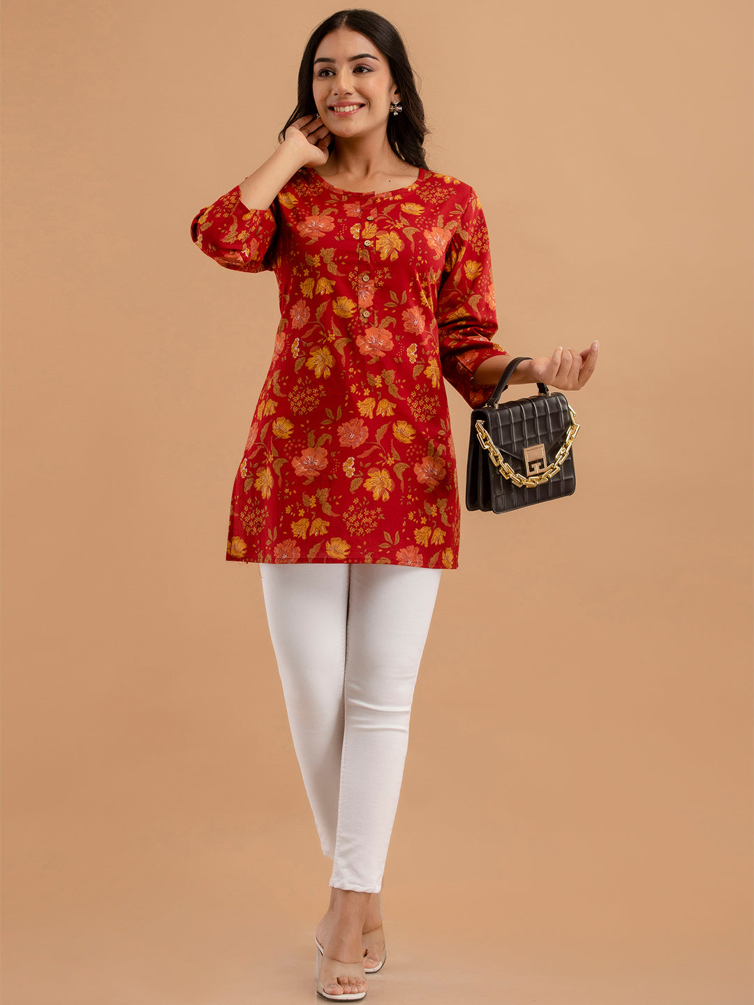 Women Red Cotton Printed Short Kurti