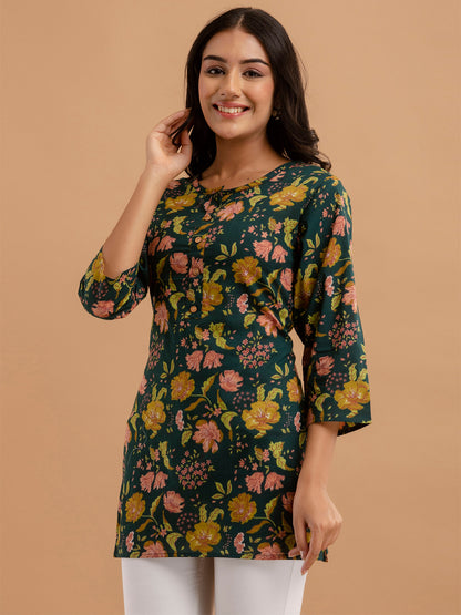 Women Green Cotton Printed Short Kurti