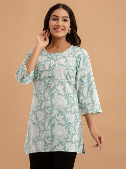 Women Sea Green Cotton Printed Short Kurti