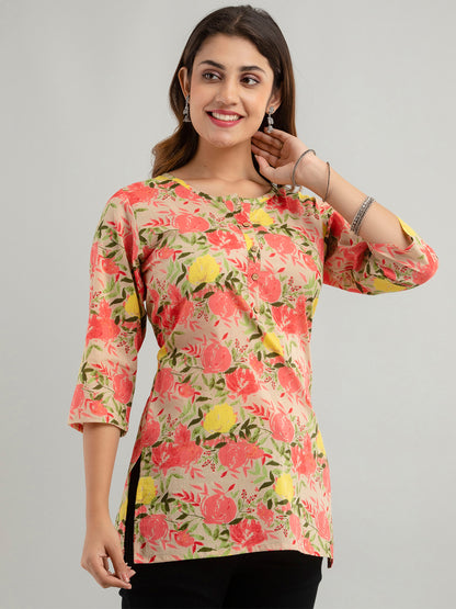 Women Beige Cotton Printed Short Kurti