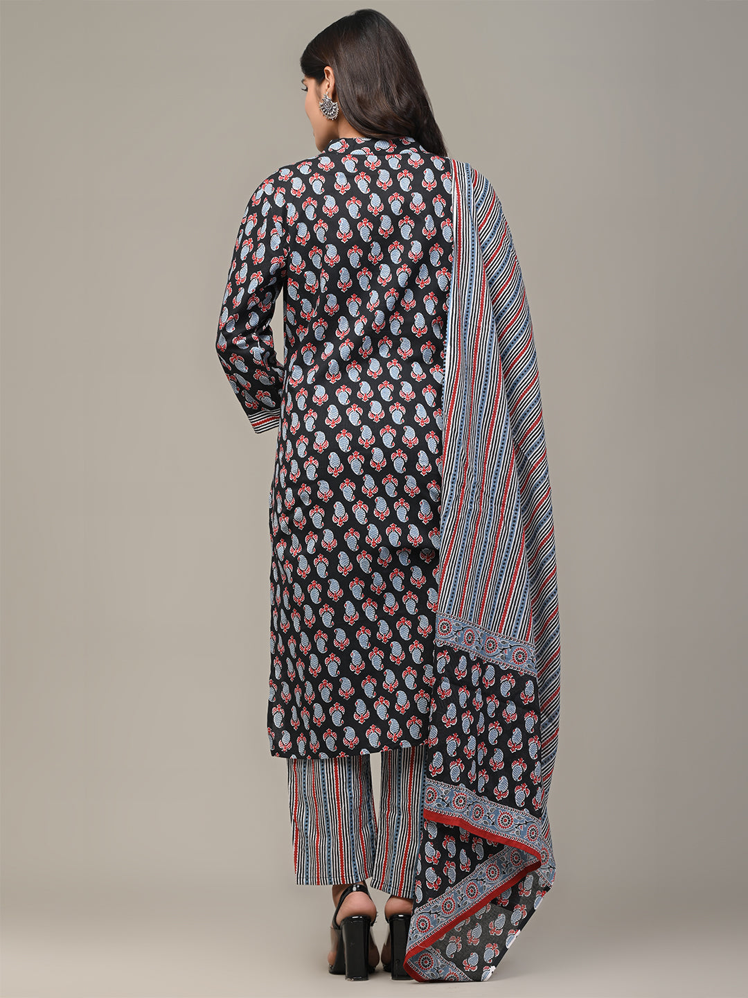 COTTON PRINTED BLACK KURTA SET WITH DUPATTA