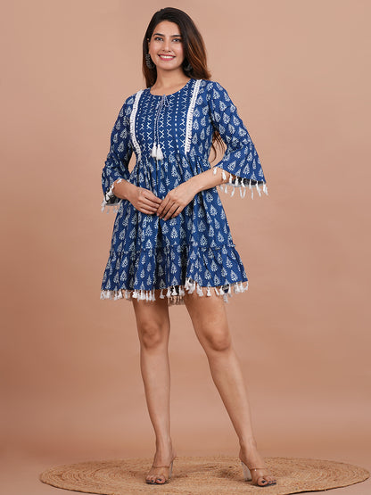 Cotton Printed Navy Blue Ethnic Motifs Dress