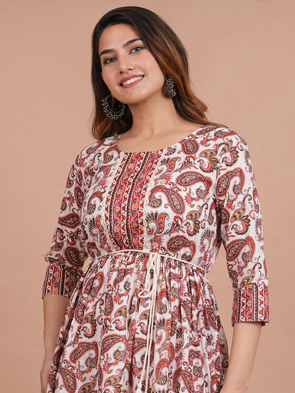 Cotton Printed Cream Paisley Dress