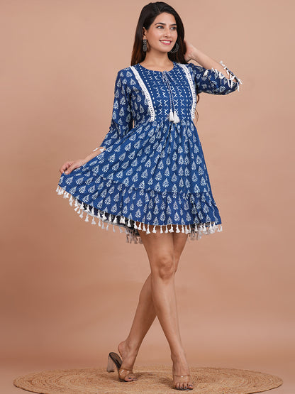 Cotton Printed Navy Blue Ethnic Motifs Dress