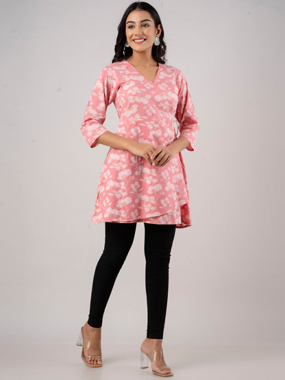 Cotton Printed Pink Angrakha Short Tunic