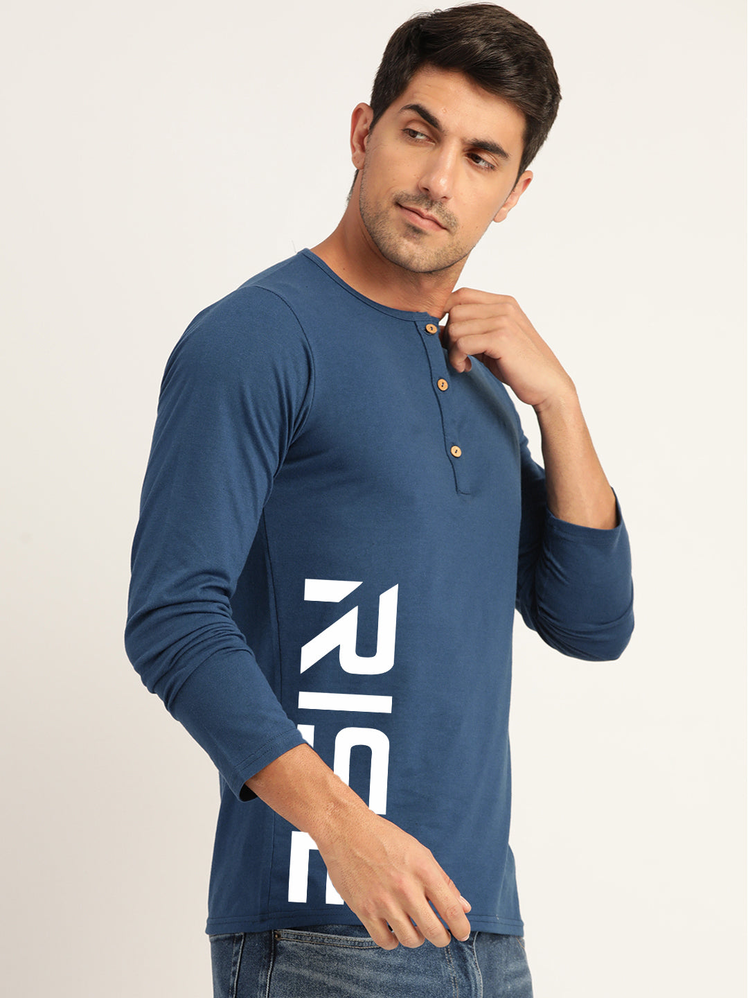 Rise Teal Blue Henley Full Sleeves T-Shirt