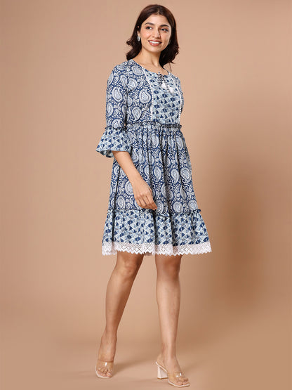 Cotton Printed Navy Blue Ethnic Motifs Dress