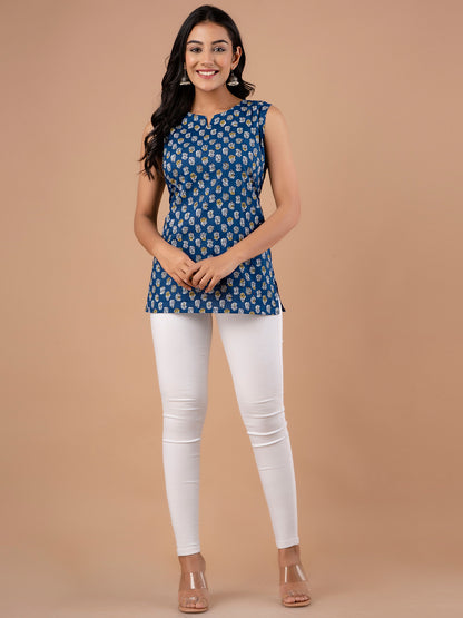 Cotton Printed Blue Sleeveless Top