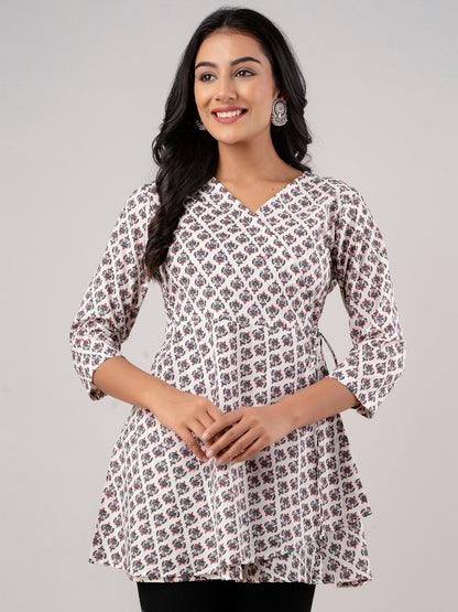 Cotton Printed White Angrakha Short Tunic