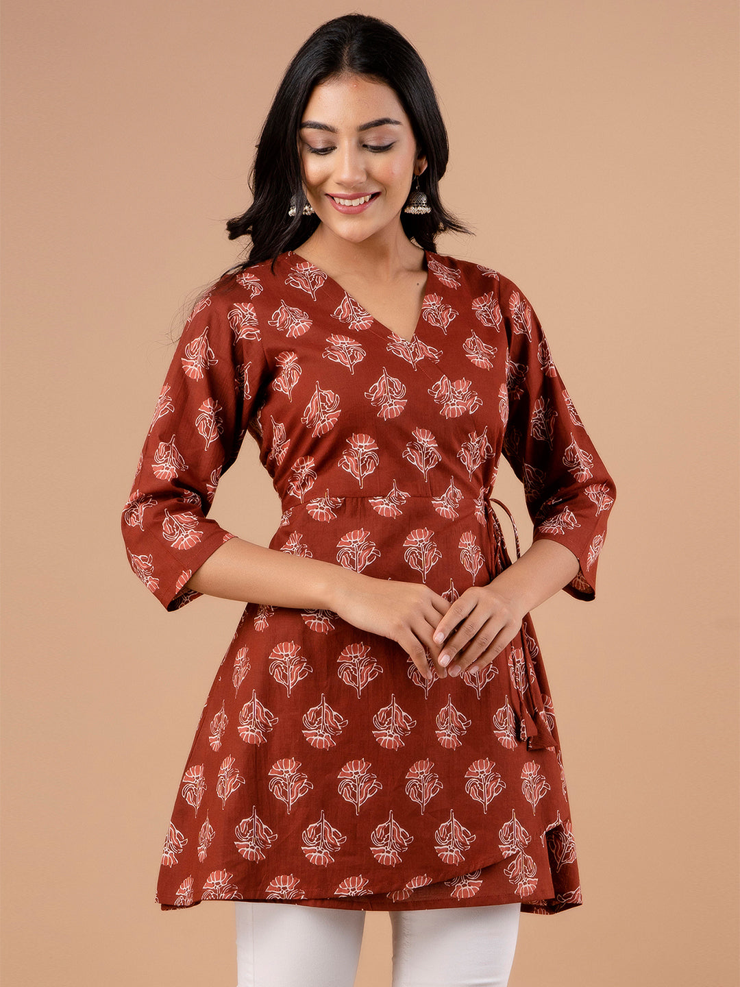 Cotton Printed Rust Brown Angrakha Short Tunic