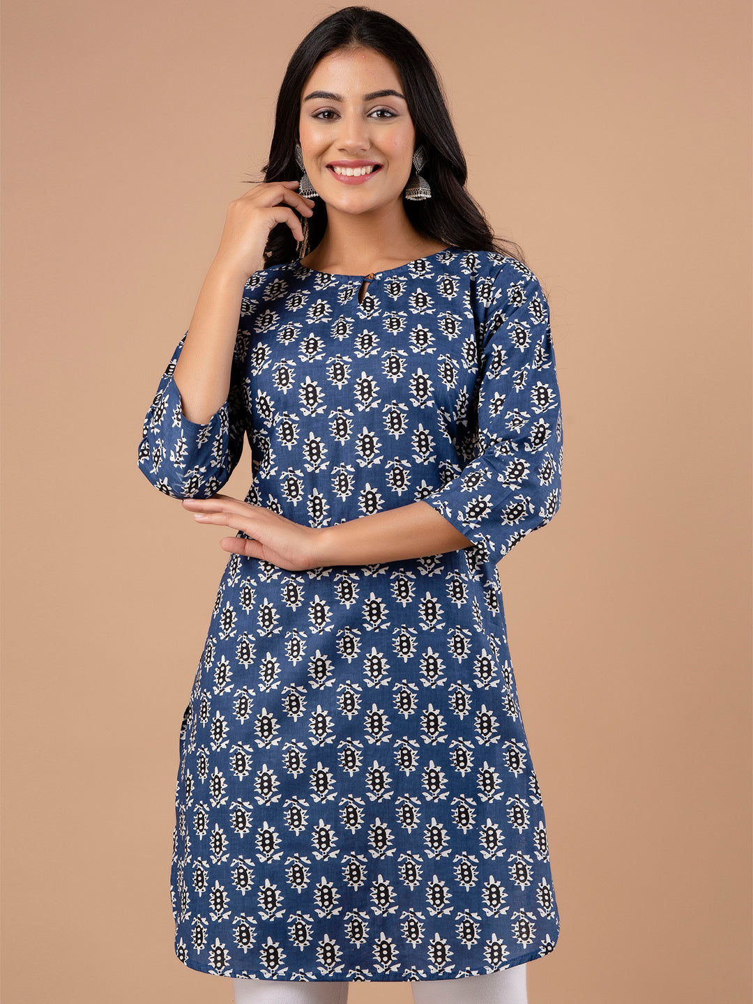 Women Printed Navy Blue Kurti