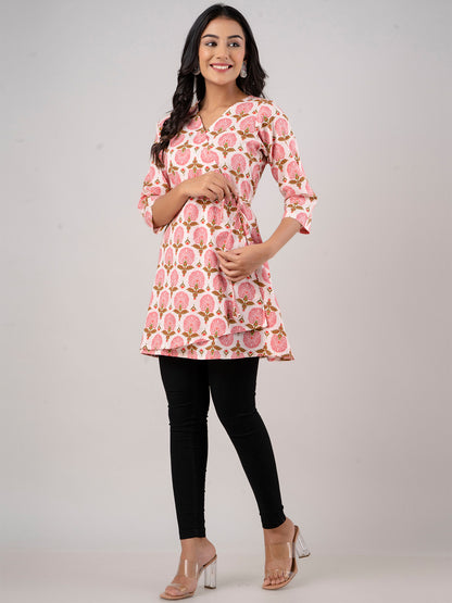 Cotton Printed Ethnic Motifs Pink Angrakha Short Tunic